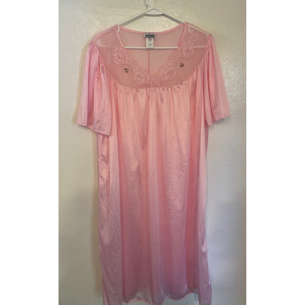 Ventura Nylon Nightgown Set 2pk Pink Blue Lace Mesh Floral Rosette Large